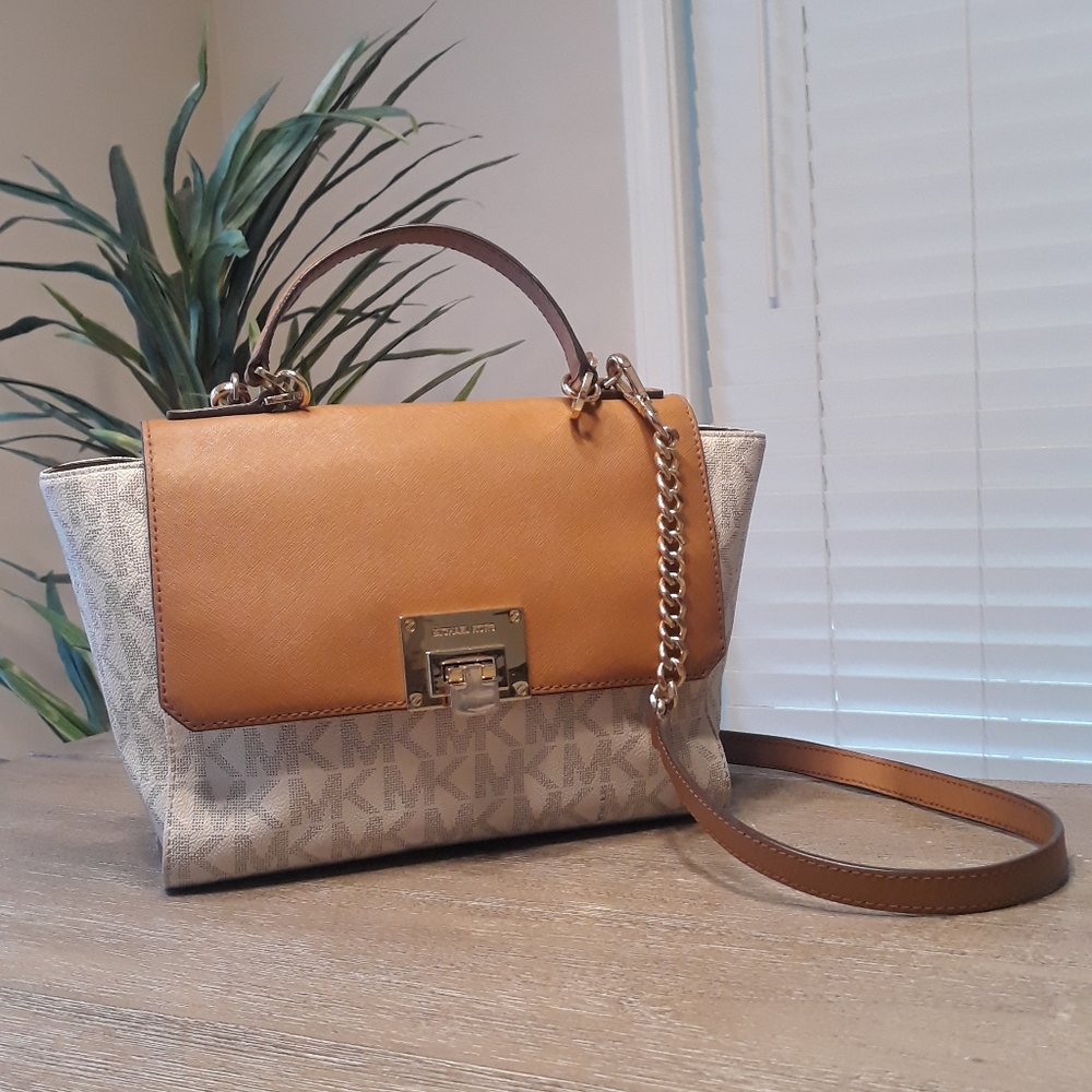 Michael Kors Tan and White Logo Satchel